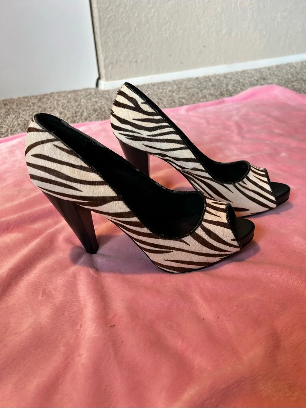 Nine West Vintage Zebra Pony Hair Peep-Toe Heels - Brown/Black/White